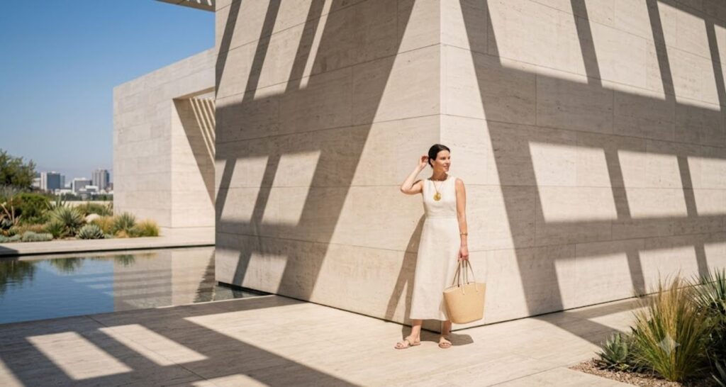 Monochrome cream linen dress outfit with matching neutral accessories