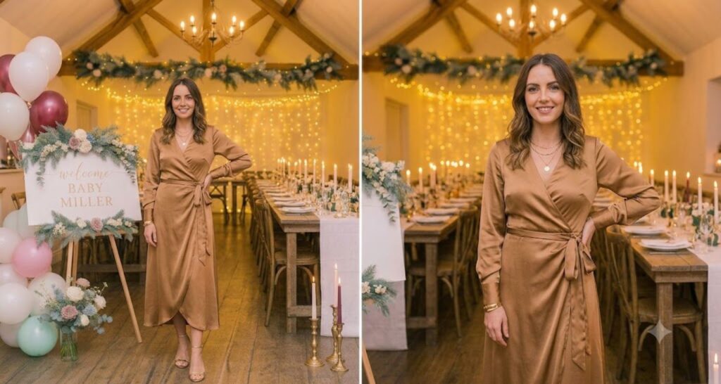Camel midi dress at winter baby shower — warm neutral tone in candlelit indoor venue with gold accessories