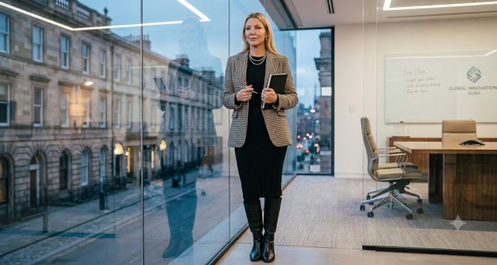 Fitted sweater dress with blazer and knee-high boots for work