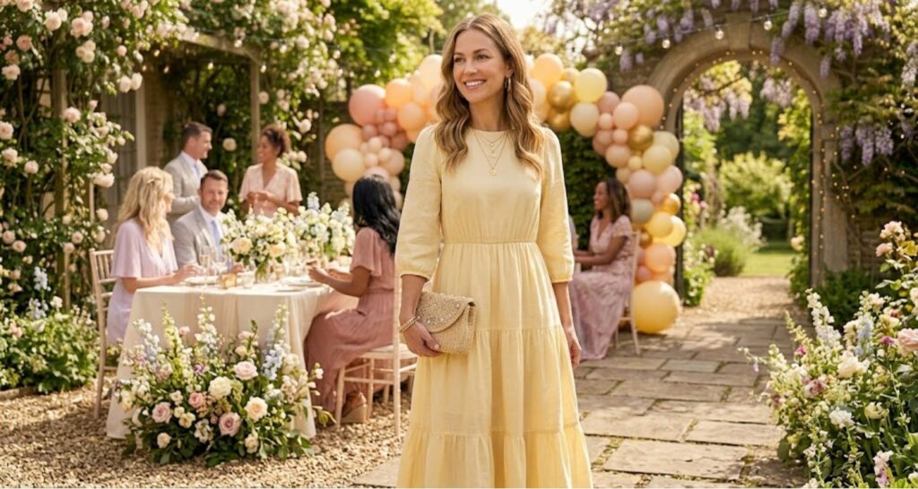 Pale yellow midi dress for baby shower guest — butter tone in natural outdoor sunlight at spring venue
