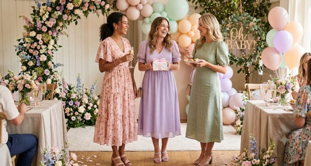 Pastel dress ideas for baby shower guest — three women in blush, lavender, and sage midi dresses at decorated venue