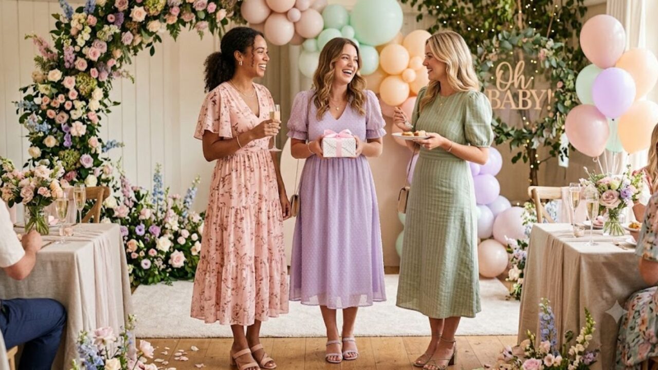Pastel dress ideas for baby shower guest — three women in blush, lavender, and sage midi dresses at decorated venue