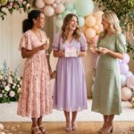 Pastel dress ideas for baby shower guest — three women in blush, lavender, and sage midi dresses at decorated venue