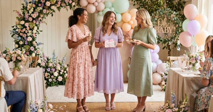Pastel dress ideas for baby shower guest — three women in blush, lavender, and sage midi dresses at decorated venue