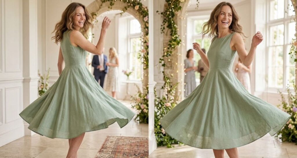 Sage green fit-and-flare dress for baby shower guest — skirt in motion at spring outdoor setting
