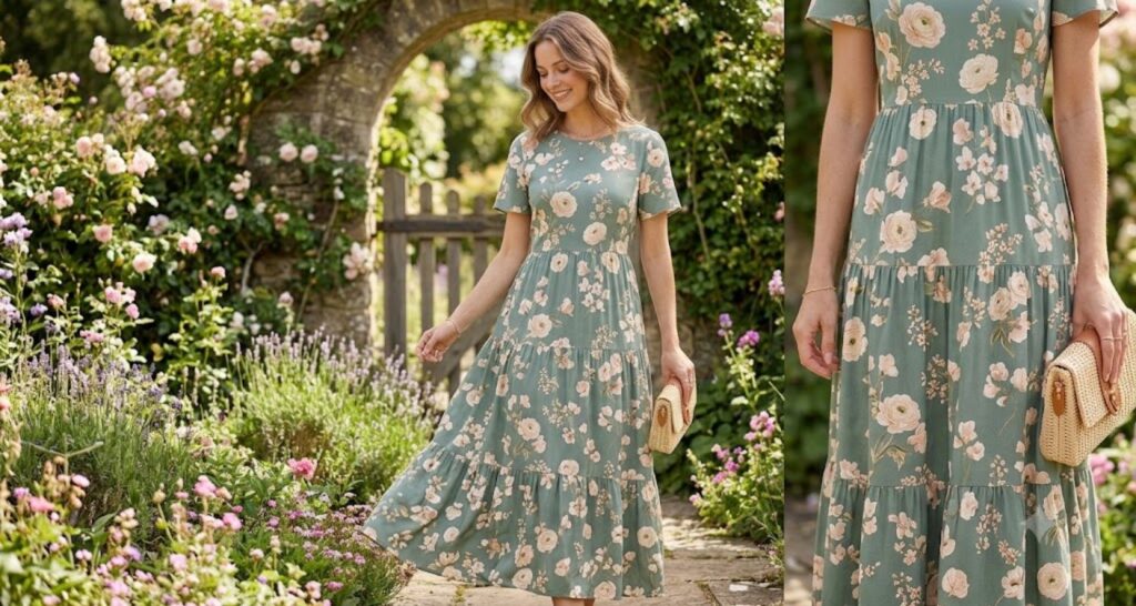 Pastel floral midi dress for baby shower guest — dusty rose background with cream blooms in warm light
