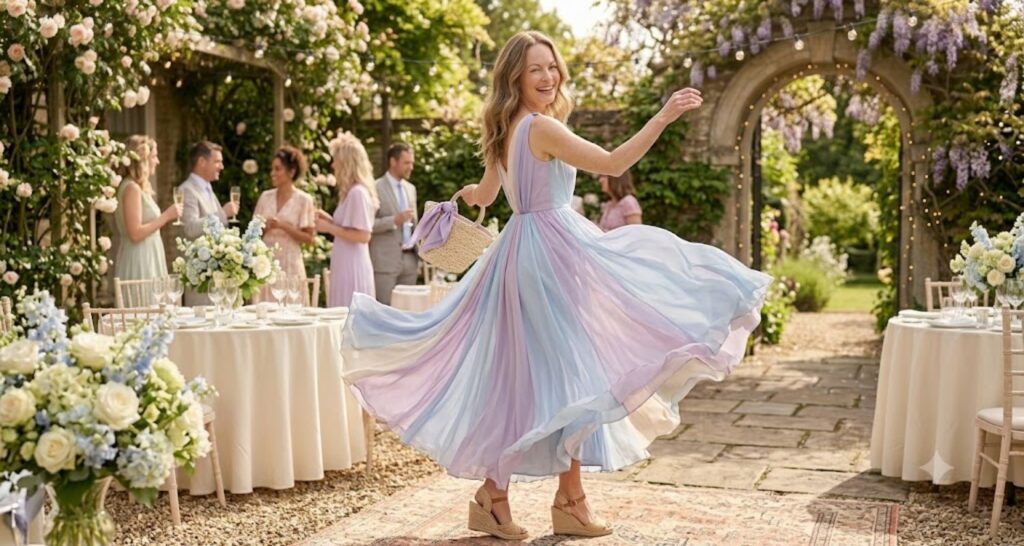 Soft lavender chiffon maxi dress for baby shower guest — flowing silhouette at outdoor garden venue
