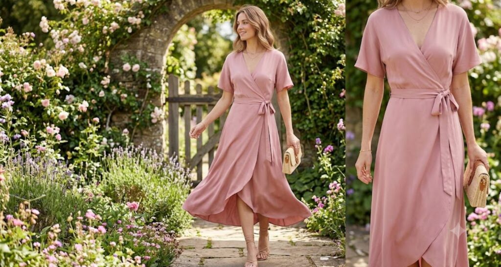Blush wrap midi dress for baby shower guest — soft pastel draping naturally in garden setting

