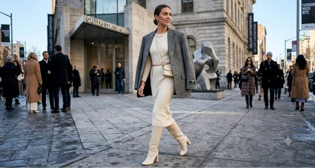 Ribbed Bodycon Dress With Oversized Blazer