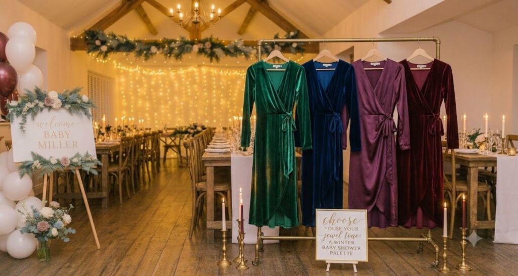 Jewel tone dresses for winter baby shower — emerald, sapphire, amethyst, and burgundy color options