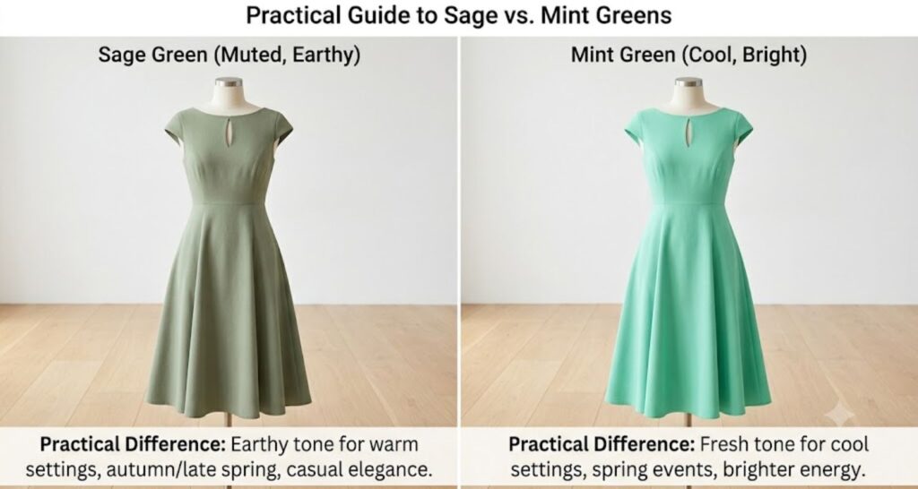 Sage vs mint green dress comparison for baby shower — earthy muted sage vs brighter spring mint side by side
