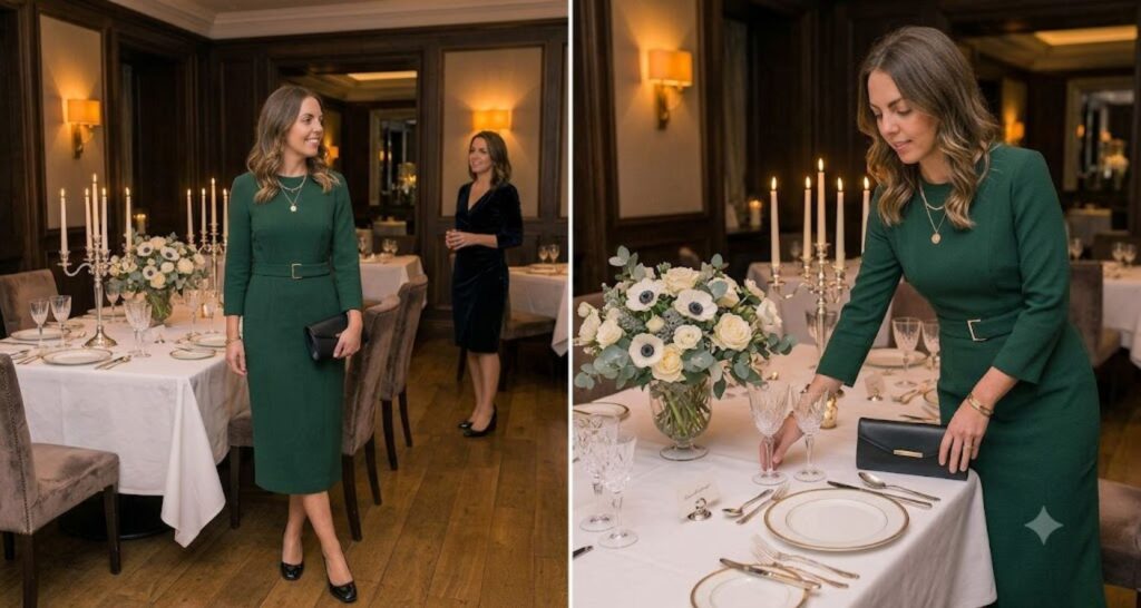 structured satin midi at restaurant venue with white linen table