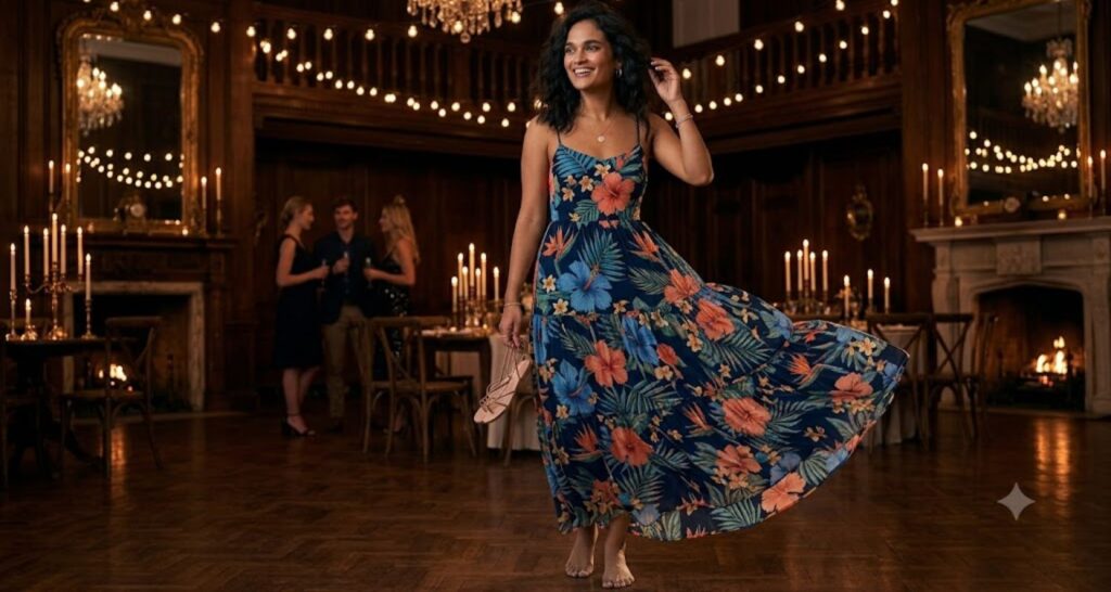 Dark background floral dress for semi-formal summer wedding

