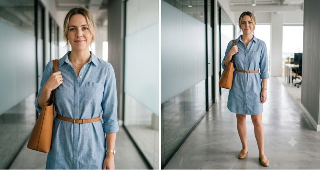 woman in belted blue shirt dress for casual work in a hot office