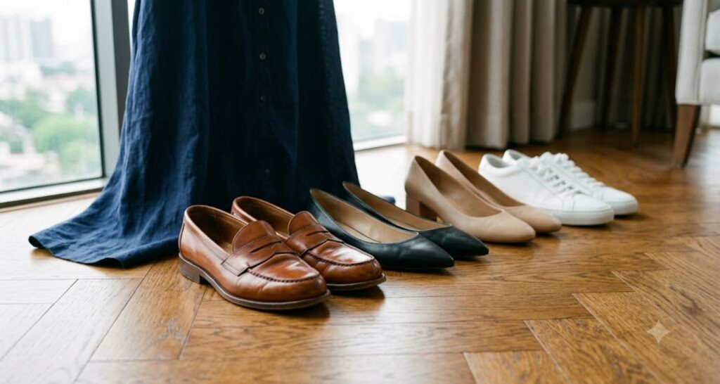 Loafers, flats, block heels, and sneakers to wear with a linen dress at the office