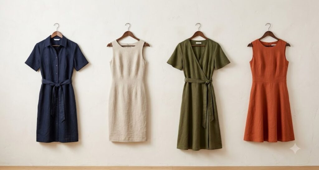 Four professional linen dress styles on hangers: shirtdress, sheath, wrap midi, and A-line