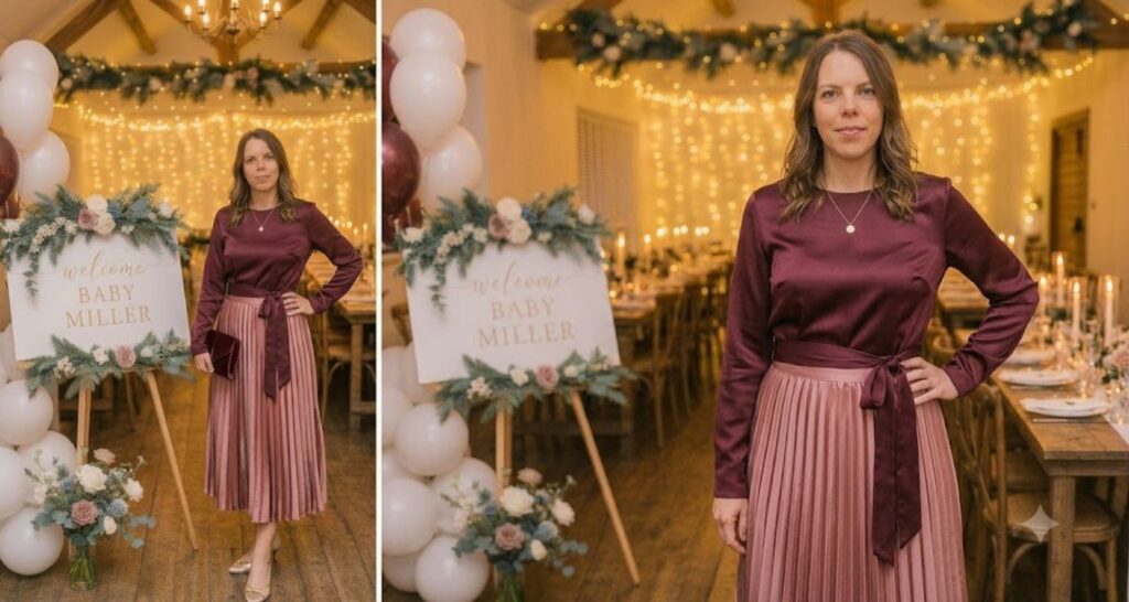 Skirt and blouse outfit for winter baby shower — dusty rose satin midi skirt with fitted silk top