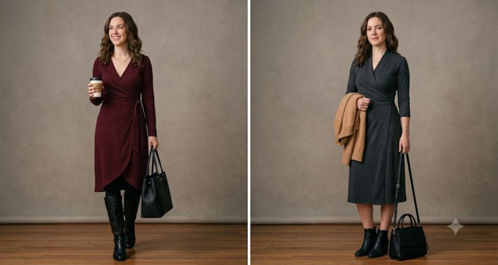 Comparison of long-sleeve and three-quarter-sleeve midi wrap dresses styled for winter.