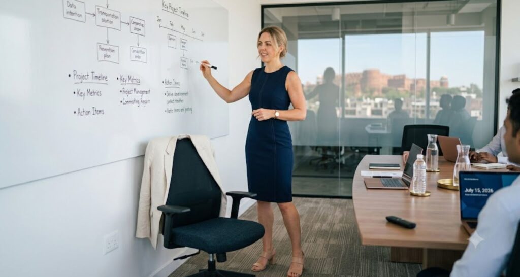 woman in navy sleeveless sheath dress for work in a hot office