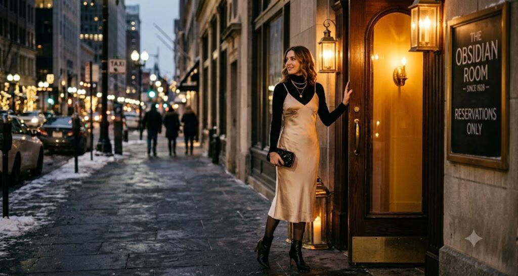 slip dress over a turtleneck - long sleeve dress outfit ideas for winter
