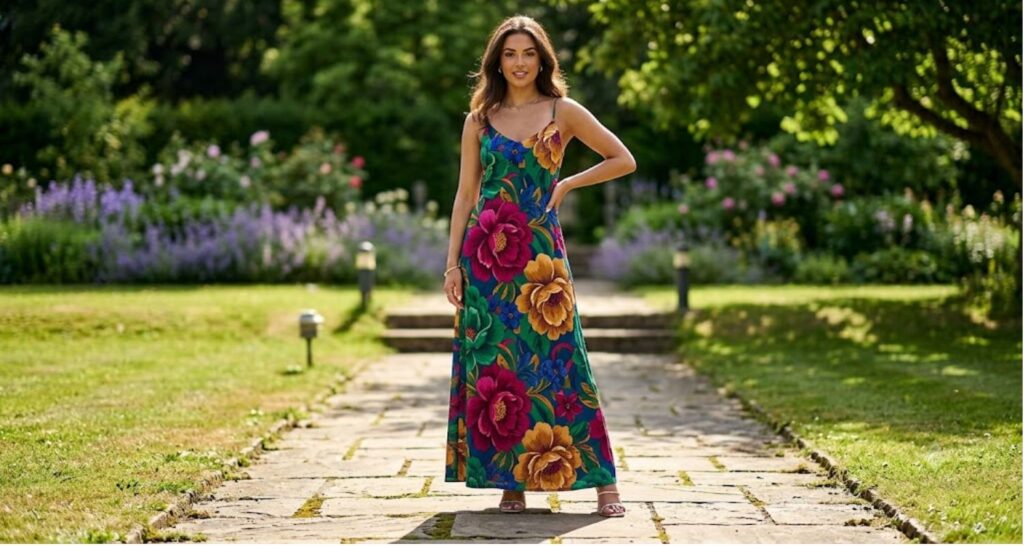 Bold large-scale floral dress worn at outdoor garden baby shower — oversized blooms in vivid tones
