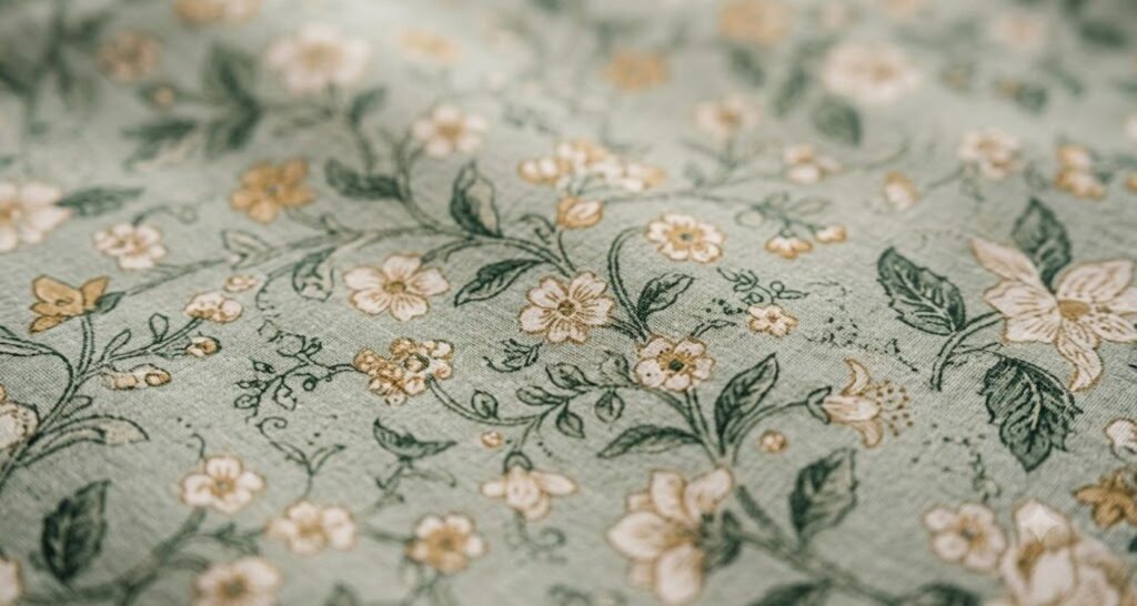 Close-up of small-scale botanical floral print fabric — delicate leaves and blooms on sage background
