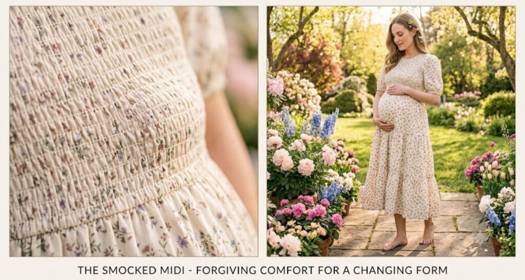 Smocked midi dress for spring baby shower — elasticated bodice detail in floral cotton print
