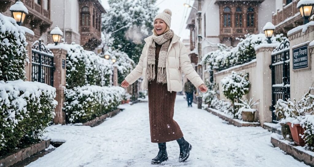 Maxi sweater dress snow day outfit with lug-sole boots and puffer
