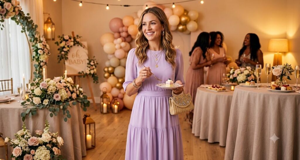 Soft lavender midi dress for baby shower guest — cool pastel tone with gold accessories in warm indoor light
