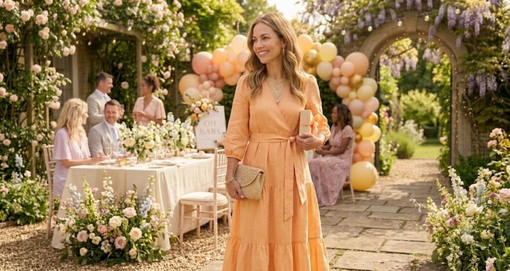 Soft peach tiered dress for baby shower guest — warm apricot tone in afternoon garden setting
