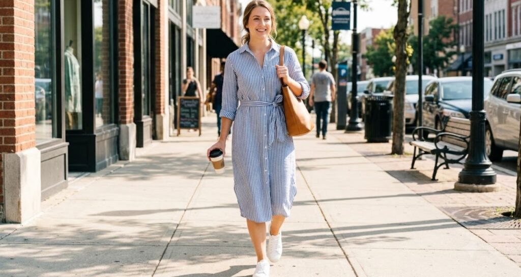 Striped linen shirt dress with white sneakers for a casual hot-weather outfit