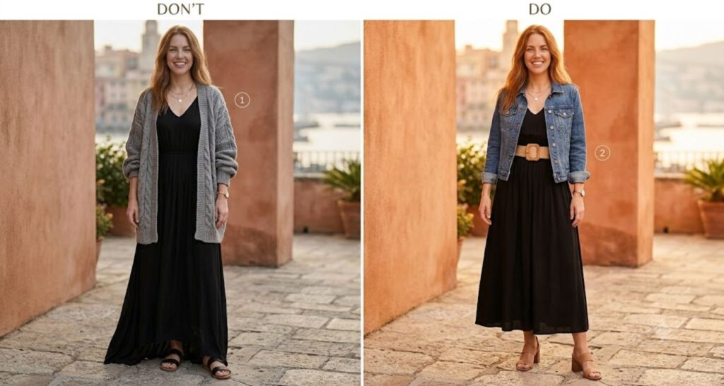 Side-by-side comparison of shapeless versus structured styling of a flowy maxi dress.