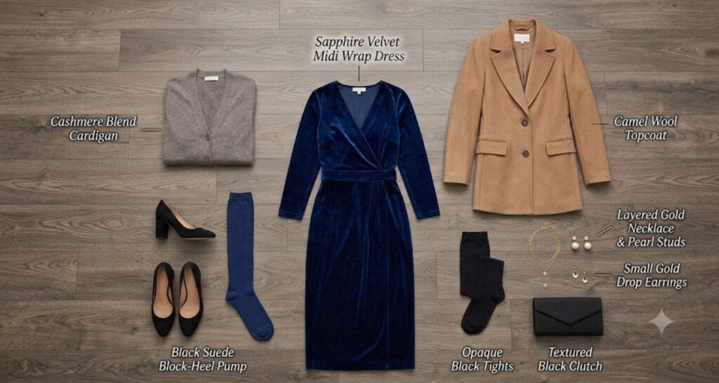 How to style a winter outfit — complete flat lay with midi dress, tights, shoes, and jewelry