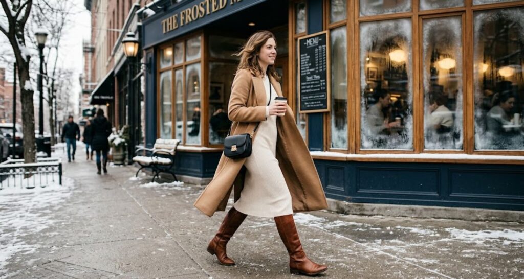 The Sweater Dress + Knee-High Boots Classic - long sleeve dress outfit ideas for winter