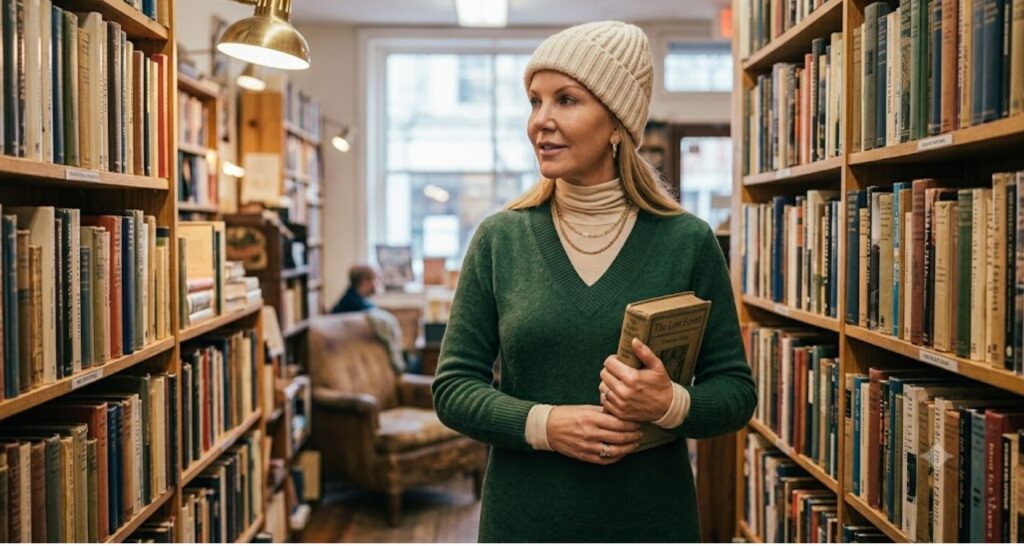 Green sweater dress layered over a cream turtleneck for winter