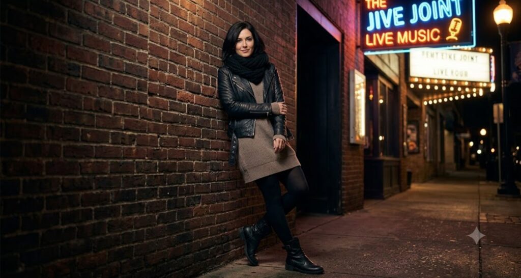sweater dress with leather jacket - long sleeve dress outfit ideas for winter