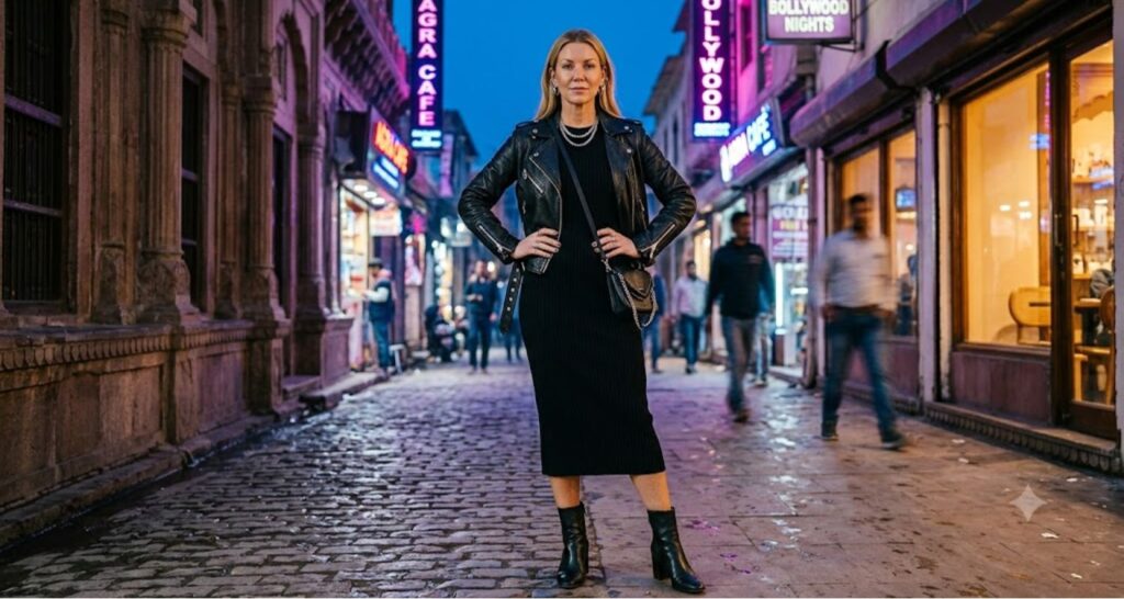 Black sweater dress with leather moto jacket and heeled ankle boots