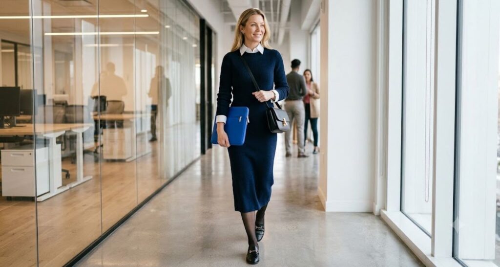 Navy sweater dress layered over a white collared shirt for the office