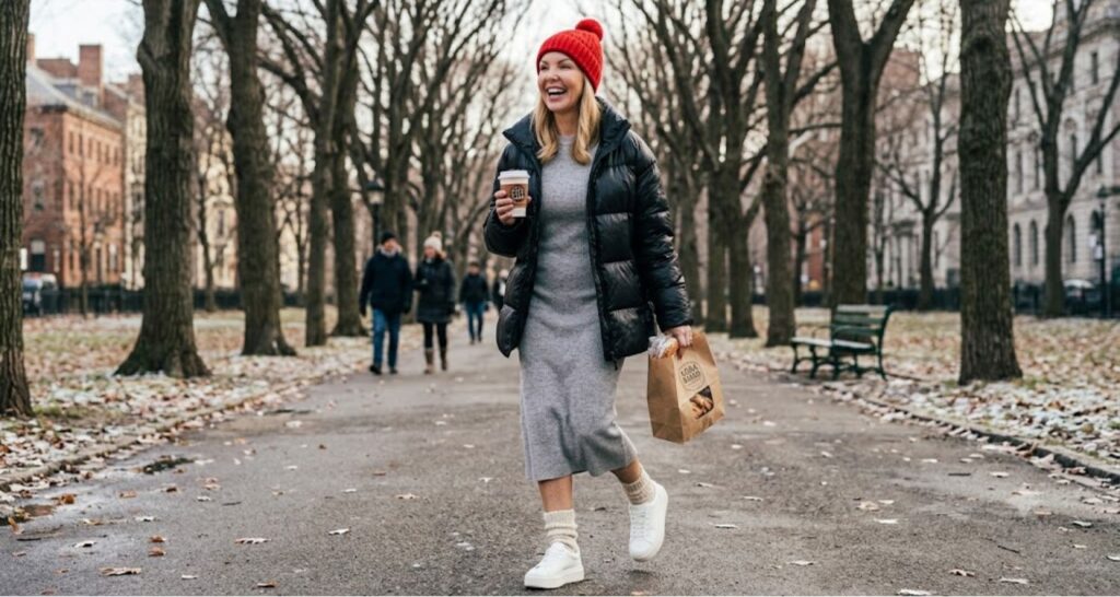 Casual sweater dress outfit with chunky sneakers and puffer jacket