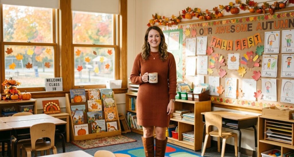 Teacher outfit dress ideas for fall – teacher in rust sweater dress and knee-high boots in autumn classroom