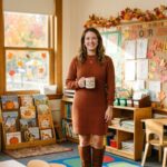Teacher outfit dress ideas for fall – teacher in rust sweater dress and knee-high boots in autumn classroom