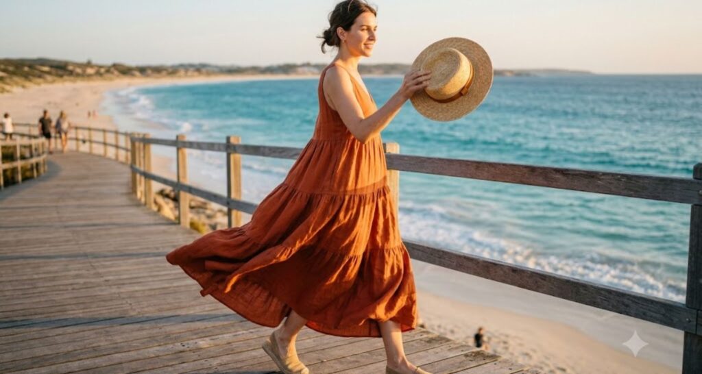 Terracotta tiered linen maxi dress with espadrilles for summer vacation
