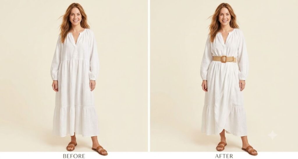 Before-and-after of a flowy maxi dress transformed with a raffia belt at the waist.