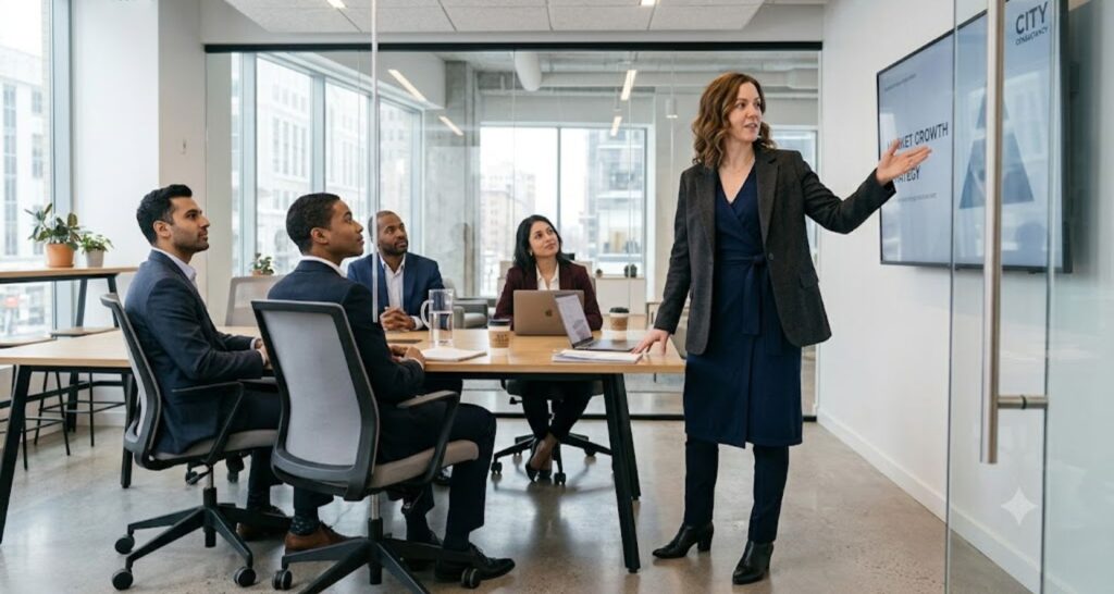 Woman presenting in a conference room wearing a wrap dress layered under a structured blazer.