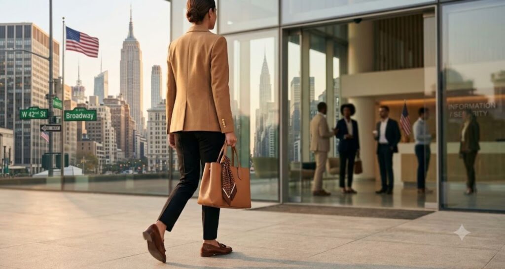 confident woman business casual office outfit