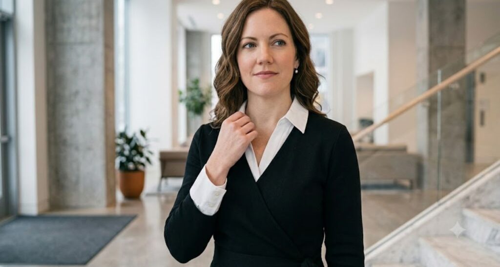 White button-down collar and cuffs layered under a black wrap dress for a business-formal look