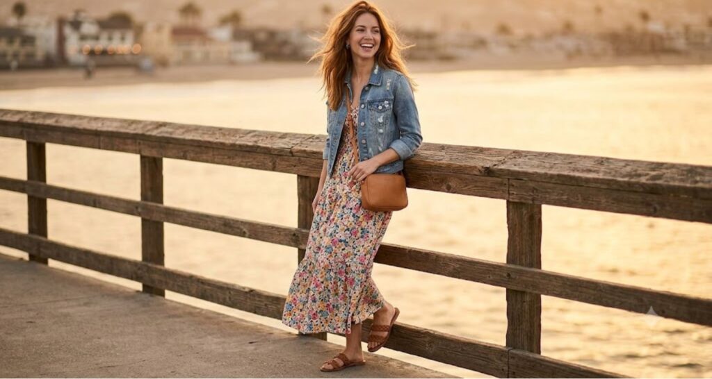 Cropped denim jacket layered over a floral flowy maxi dress at golden hour by the beach.