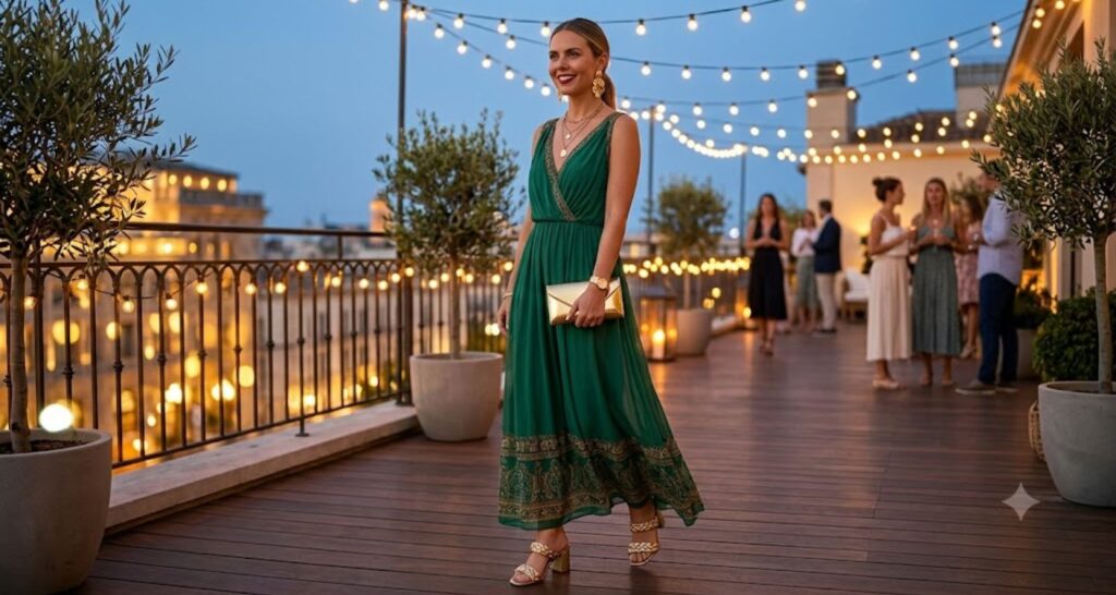 Emerald chiffon flowy dress dressed up with heels and statement earrings for a rooftop evening