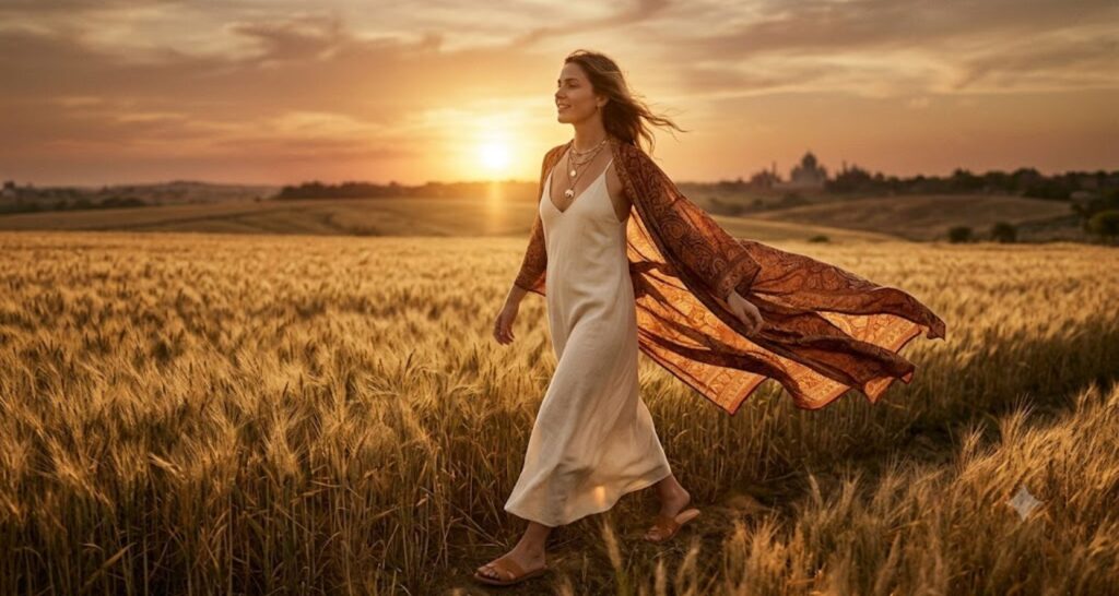 Printed kimono flowing over a cream slip maxi dress in a sunset field.