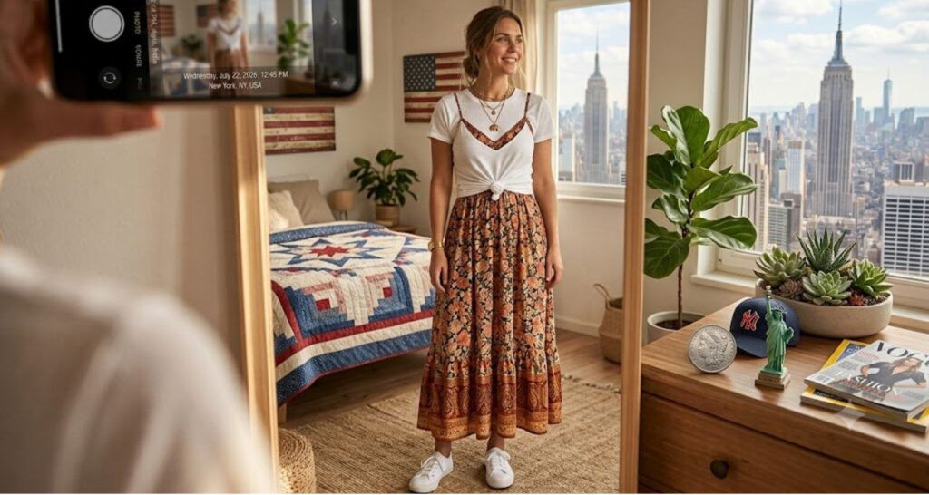 Knotted white tee layered over a floral maxi dress to style it as a skirt.